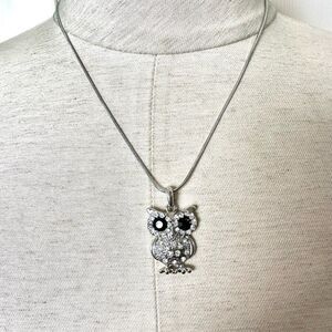 Silver tone owl rhinestone pendant necklace